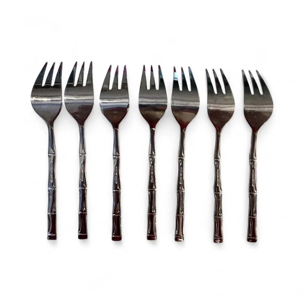 7 Piece VTG Mid Century KOREA Bamboo Stainless Steel Flatware Salad Forks 6.5